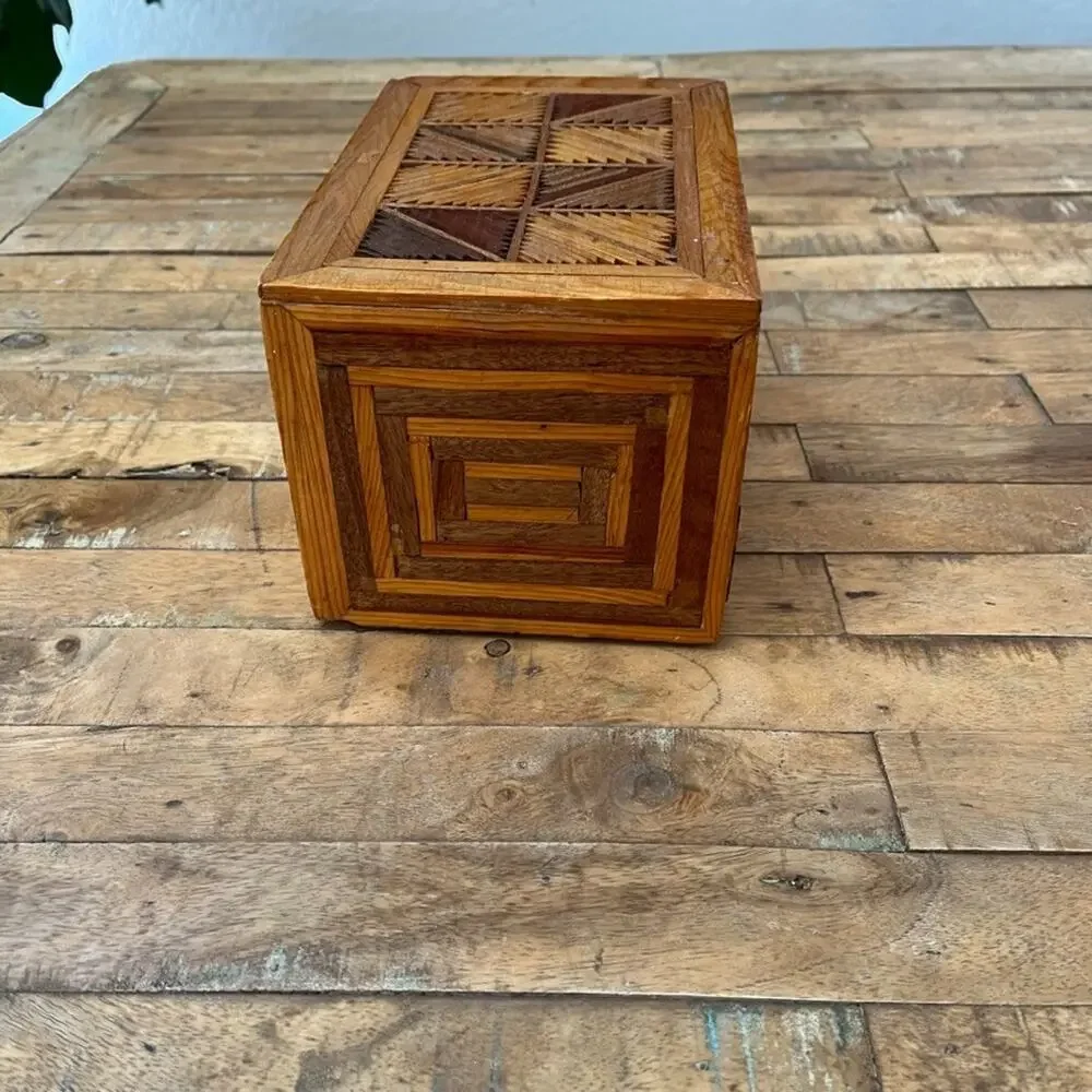 Handmade Vintage Jewelry Box Trinkets Folk Art Inlay Two Drawer Wooden 8.5